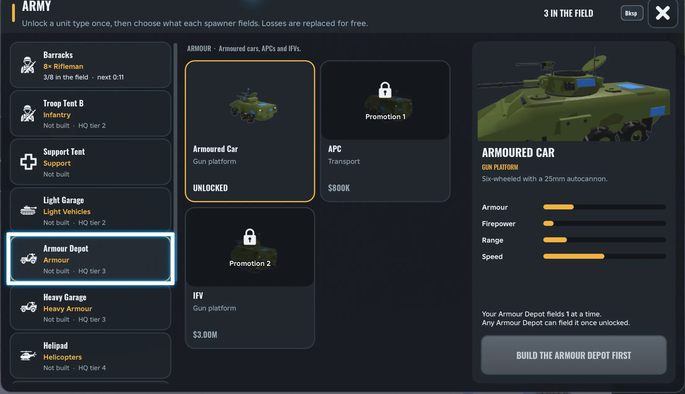Army Commander Tycoon Armour Depot units: Armoured Car, APC and IFV