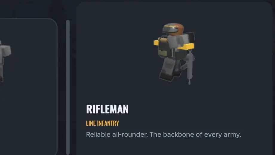 Army Commander Tycoon ARMY panel showing Rifleman, Breacher, Machine Gunner and Marksman