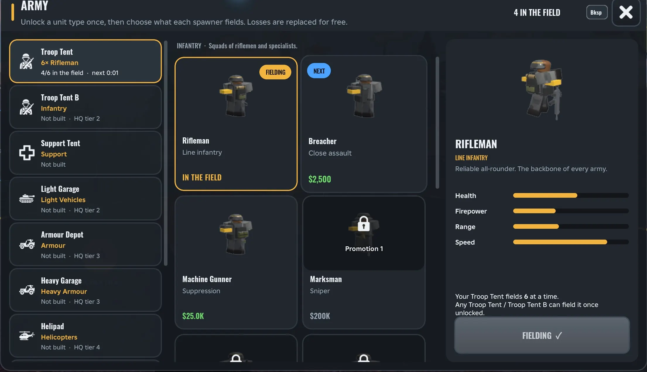Army Commander Tycoon ARMY panel showing Rifleman, Breacher, Machine Gunner and Marksman