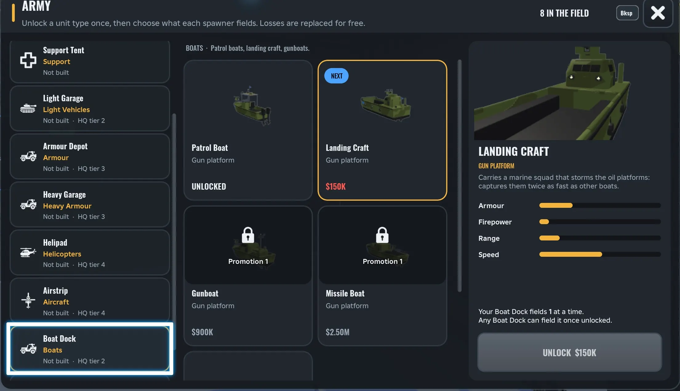 Army Commander Tycoon Boat Dock units: Patrol Boat, Landing Craft, Gunboat, Missile Boat