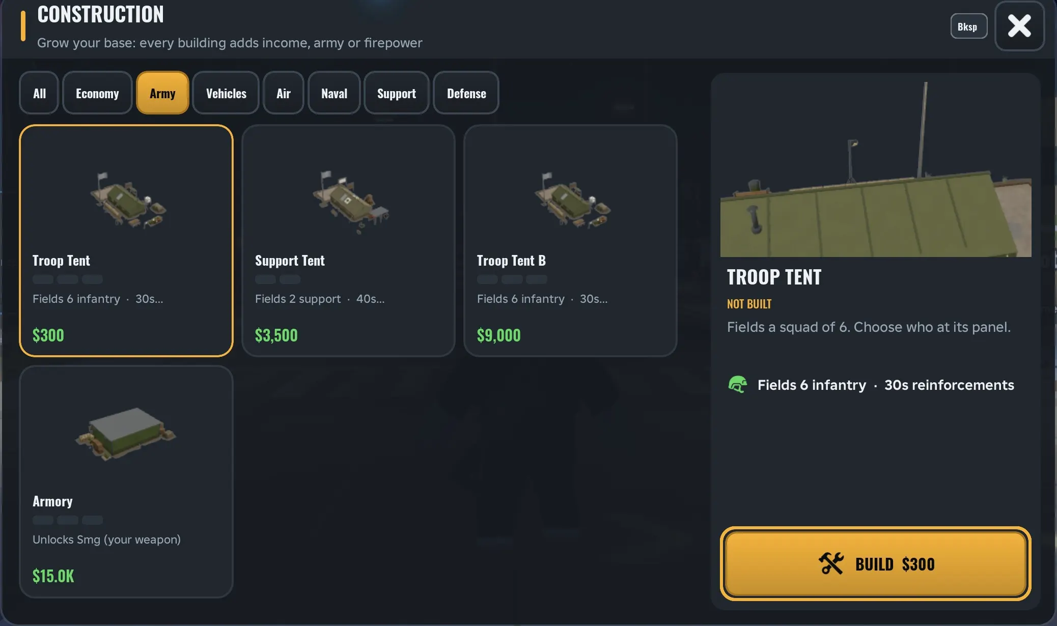 Army Commander Tycoon Build button to confirm the first Troop Tent