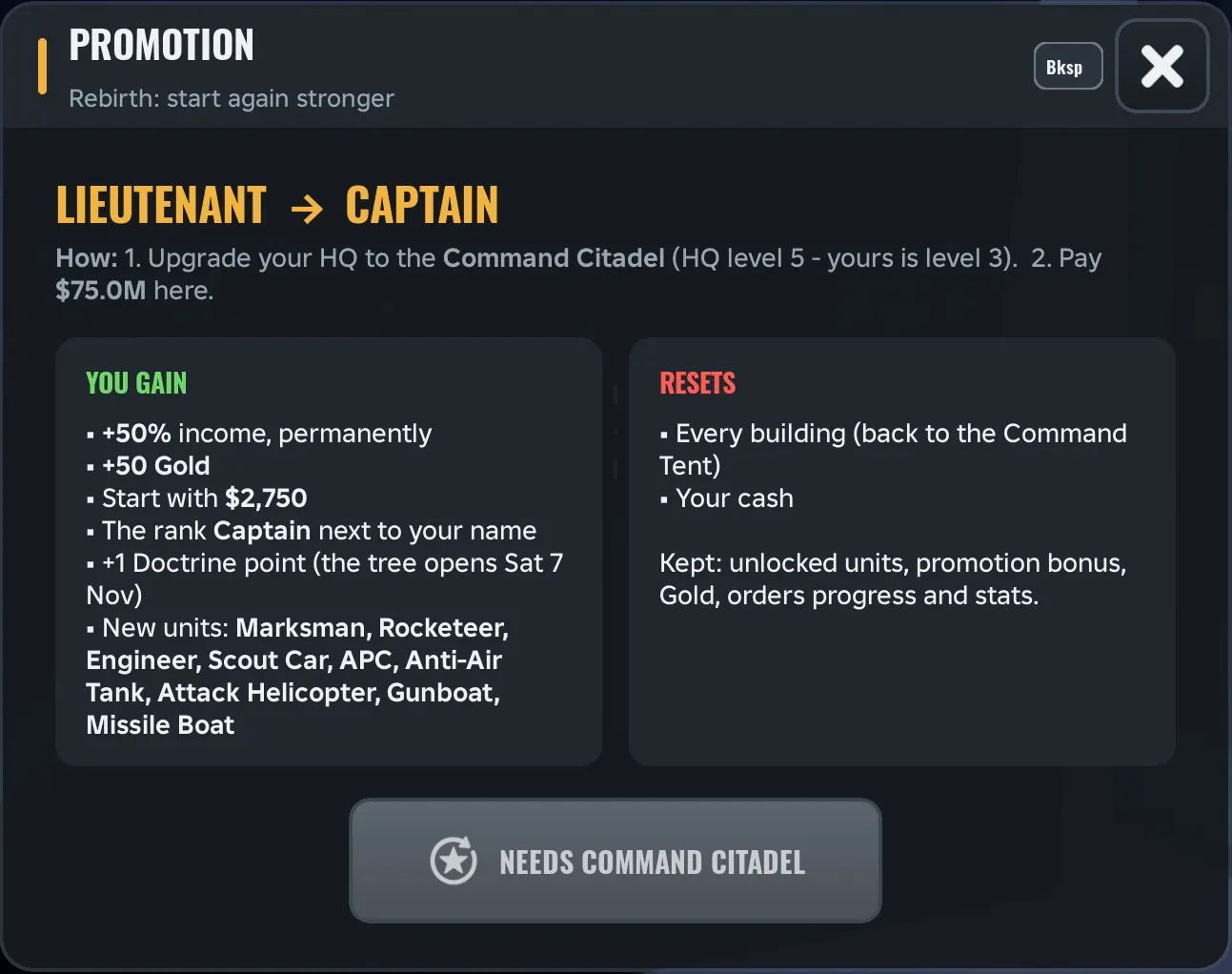 Army Commander Tycoon first promotion panel: Lieutenant to Captain needs HQ 5 and $75.0M