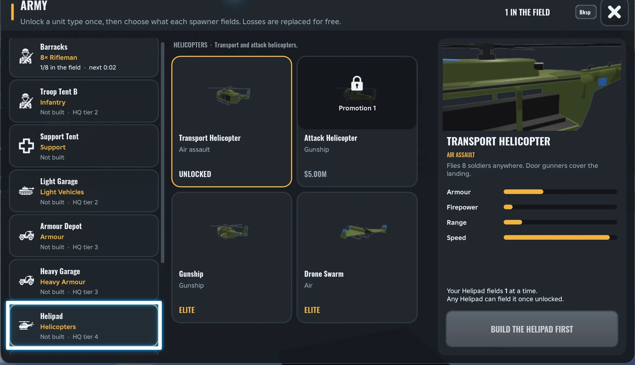 Army Commander Tycoon Helipad units: Transport Helicopter, Attack Helicopter, Gunship, Drone Swarm