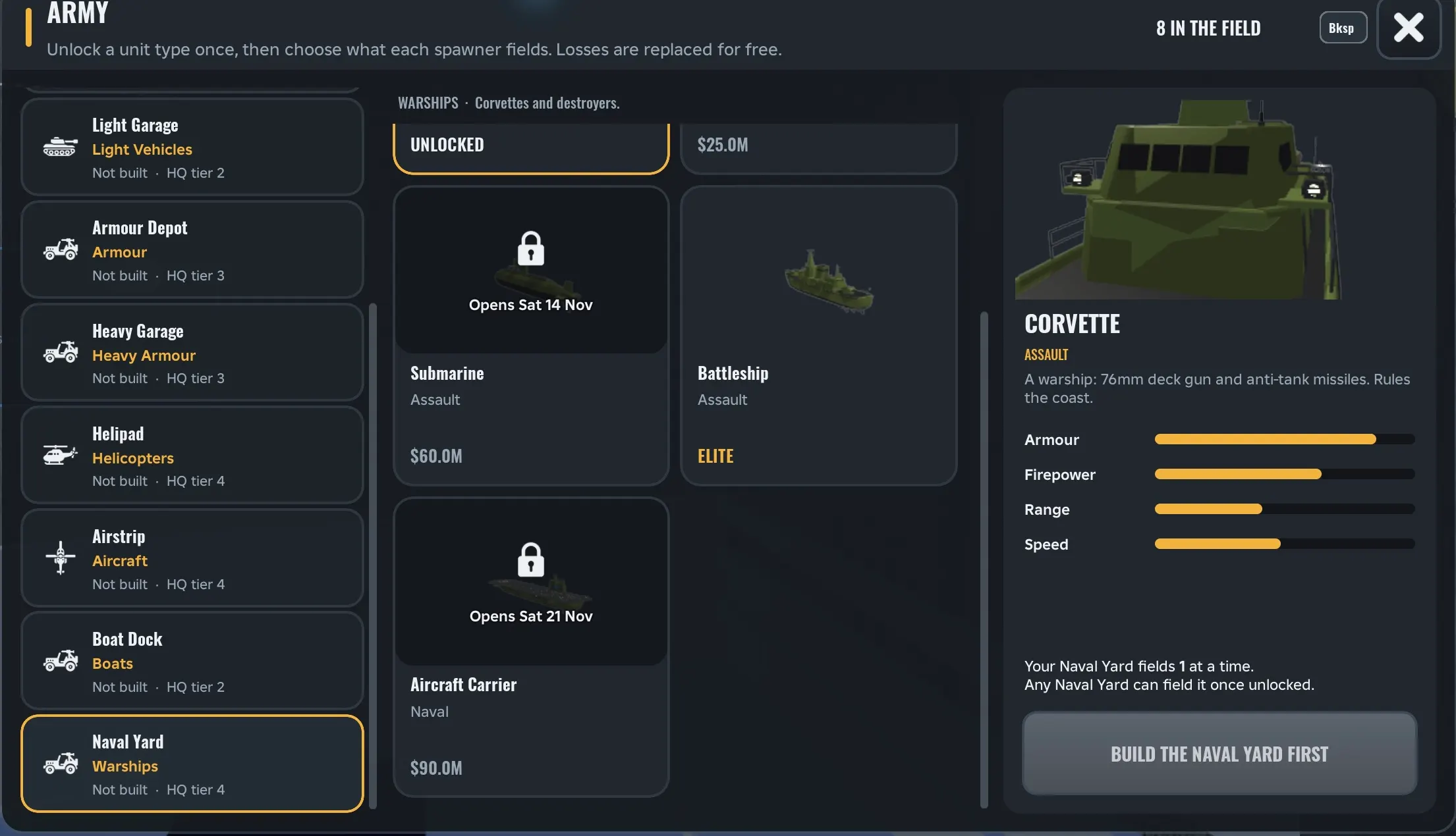 Army Commander Tycoon Submarine and Aircraft Carrier opening dates